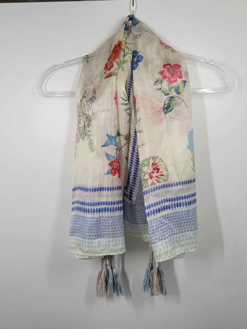 Johnny Was White Blue Floral Large  Square 100% Silk Scarf With Tassels
